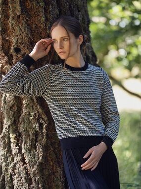 Striped Knit Crewneck Sweater in Black and Cream